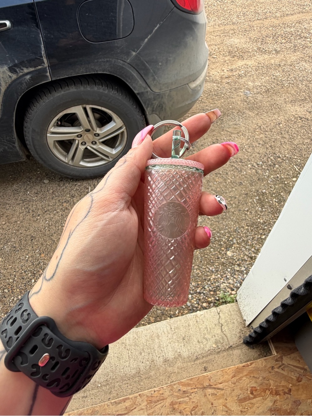 Starbucks Pink Textured Tumbler Keychain Holder with Silver Accent